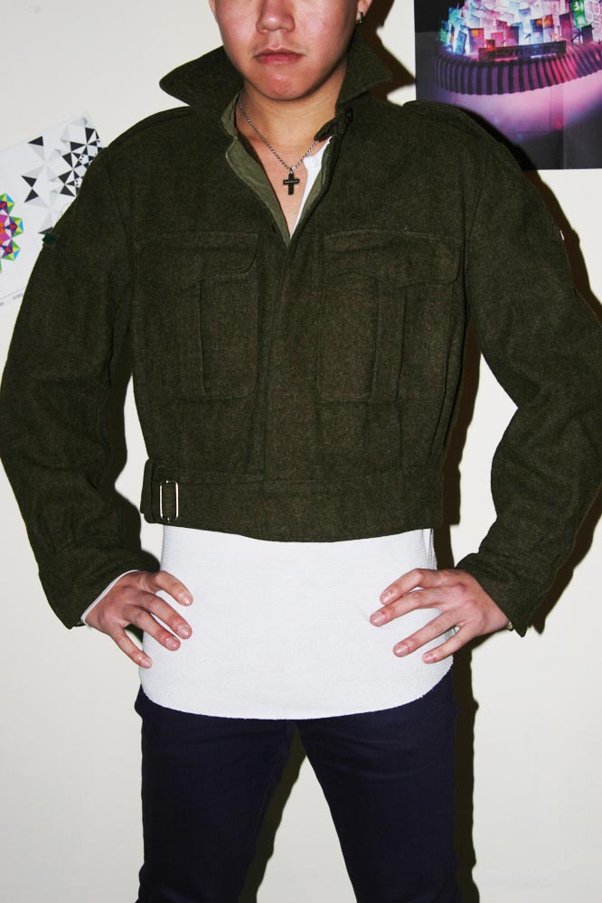 the cute military jacket buttoned and belted up